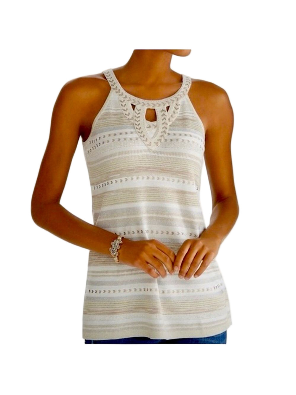 WHITE HOUSE | BLACK MARKET Women’s Embellished Halter Ecru W Pearl Dust. Size M